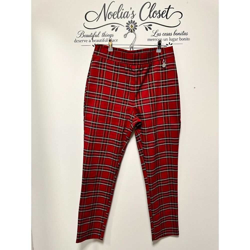 Tommy Hilfiger Red Tartan Plaid Pull On Pants Gold TH Logo Charm Large
